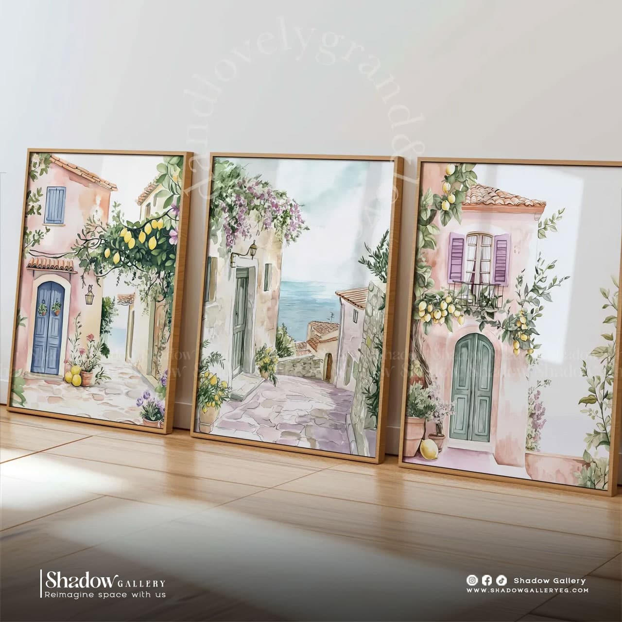 Mediterranean Village Triptych Wall Art Set – close-up detail of frame and canvas texture