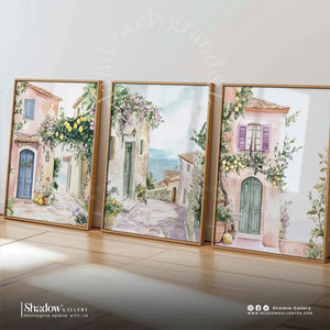 Mediterranean Village Triptych Wall Art Set – close-up detail of frame and canvas texture