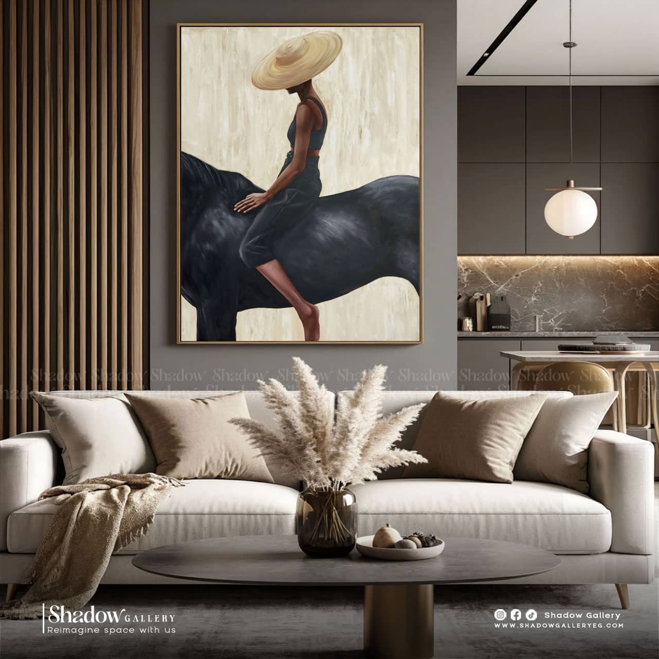 Minimalist Woman Riding Black Horse Art – premium framed canvas wall art