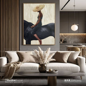 Minimalist Woman Riding Black Horse Art – premium framed canvas wall art