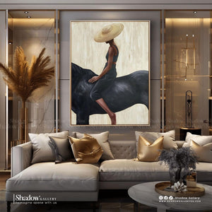 Minimalist Woman Riding Black Horse Art – styled in a modern room setting