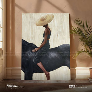 Minimalist Woman Riding Black Horse Art – styled in a modern room setting