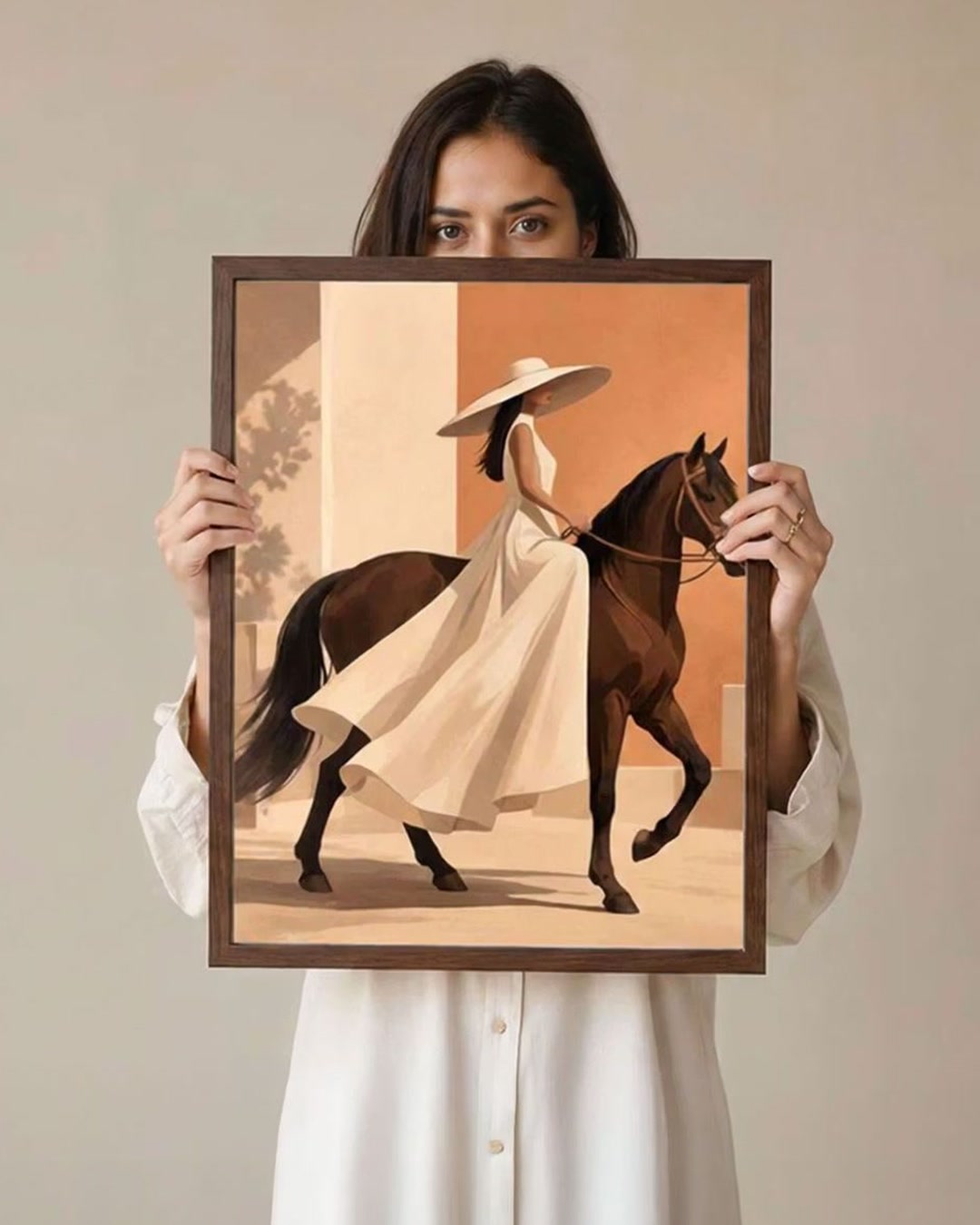 Minimalist Woman Riding Brown Horse Art
