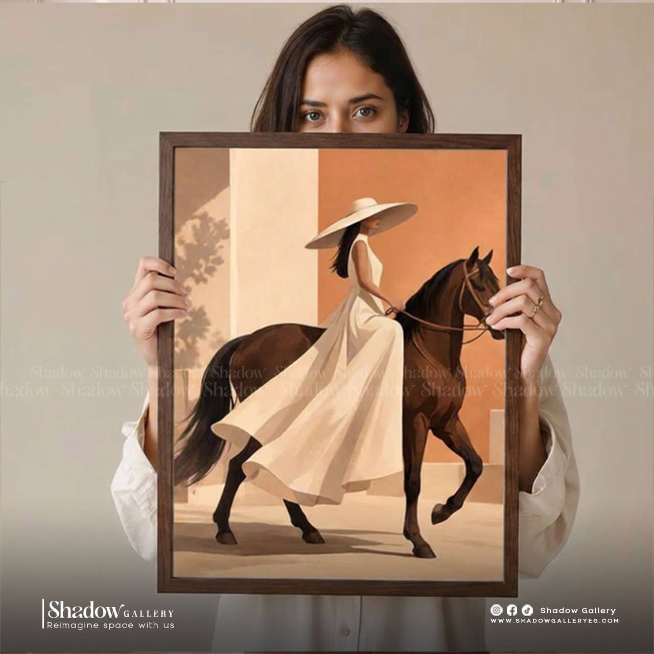 Minimalist Woman Riding Brown Horse Art – premium framed canvas wall art