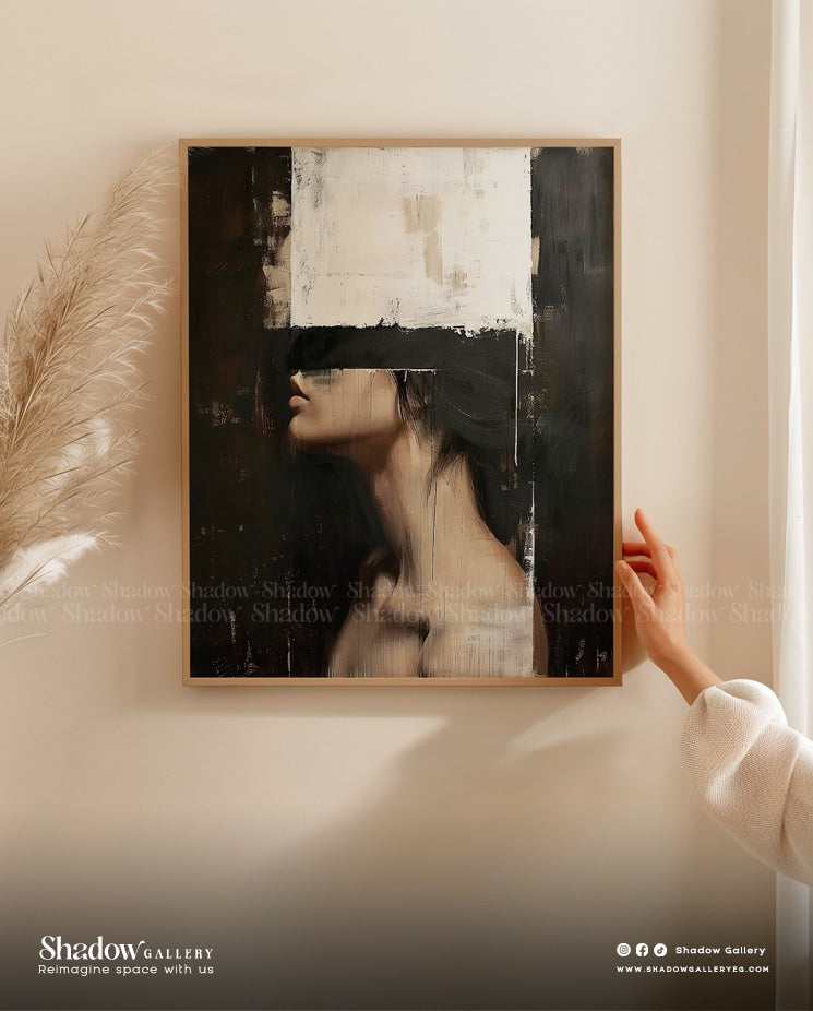 Mysterious Woman Abstract Wall Art - Large Framed Portrait – close-up detail of frame and canvas texture