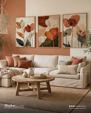 Retro Floral Triptych: Warm Earth Tone Wall Art – premium framed canvas wall art