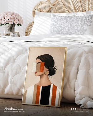 Modern Textured Abstract Female Portrait - Earth Tone Canvas – styled in a modern room setting