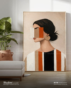 Modern Textured Abstract Female Portrait - Earth Tone Canvas – styled in a modern room setting