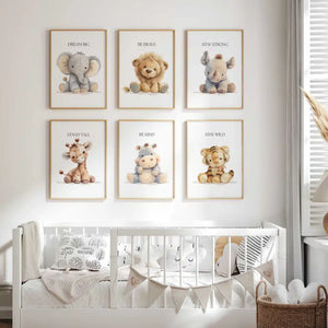 Safari Animal Nursery Prints Set Six Frames – close-up detail of frame and canvas texture