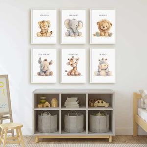 Safari Animal Nursery Prints Set Six Frames – styled in a modern room setting