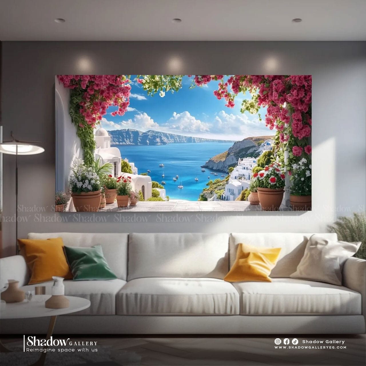 Panoramic Santorini Balcony Canvas Art – close-up detail of frame and canvas texture