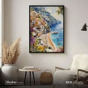 Positano Amalfi Coast Watercolor Canvas Art – close-up detail of frame and canvas texture