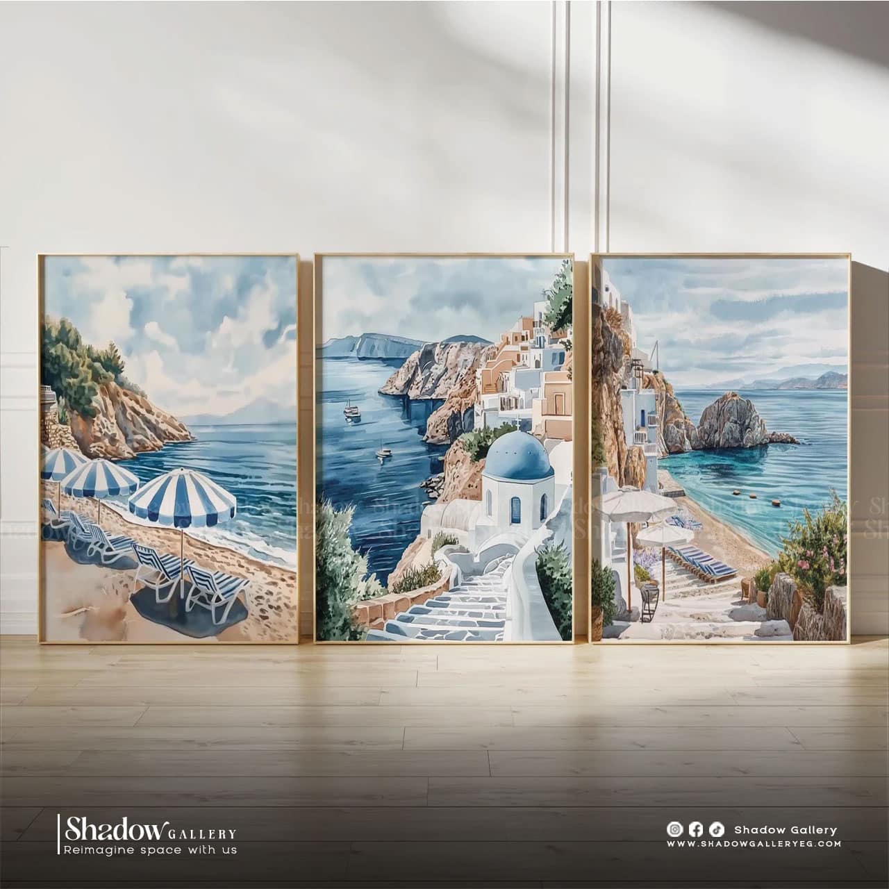 Santorini Beach Triptych Wall Art Set – premium framed canvas wall art