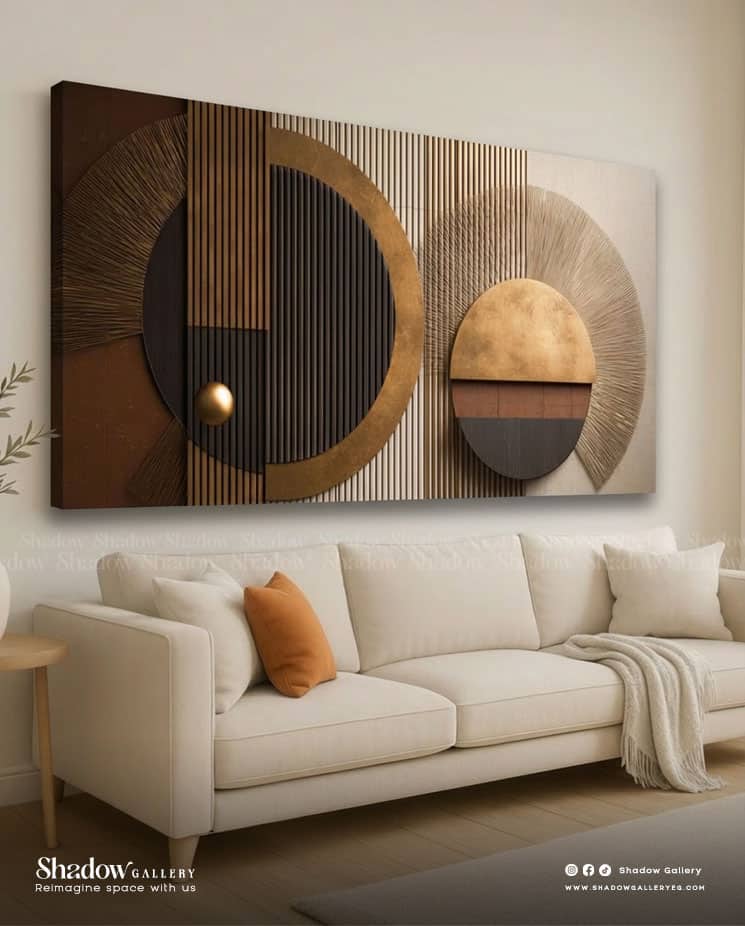 The Geometric Eclipse - Large 3D Wood Relief & Bronze Wall Art – close-up detail of frame and canvas texture