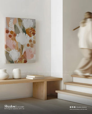 The Abstract Bloom - Vertical Floral Painting – styled in a modern room setting