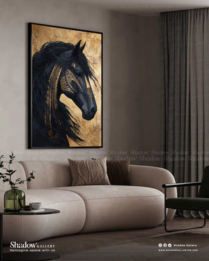 Majestic Black Arabian Horse Portrait with Gold Leaf Accents – styled in a modern room setting