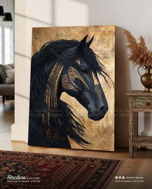 Majestic Black Arabian Horse Portrait with Gold Leaf Accents – close-up detail of frame and canvas texture