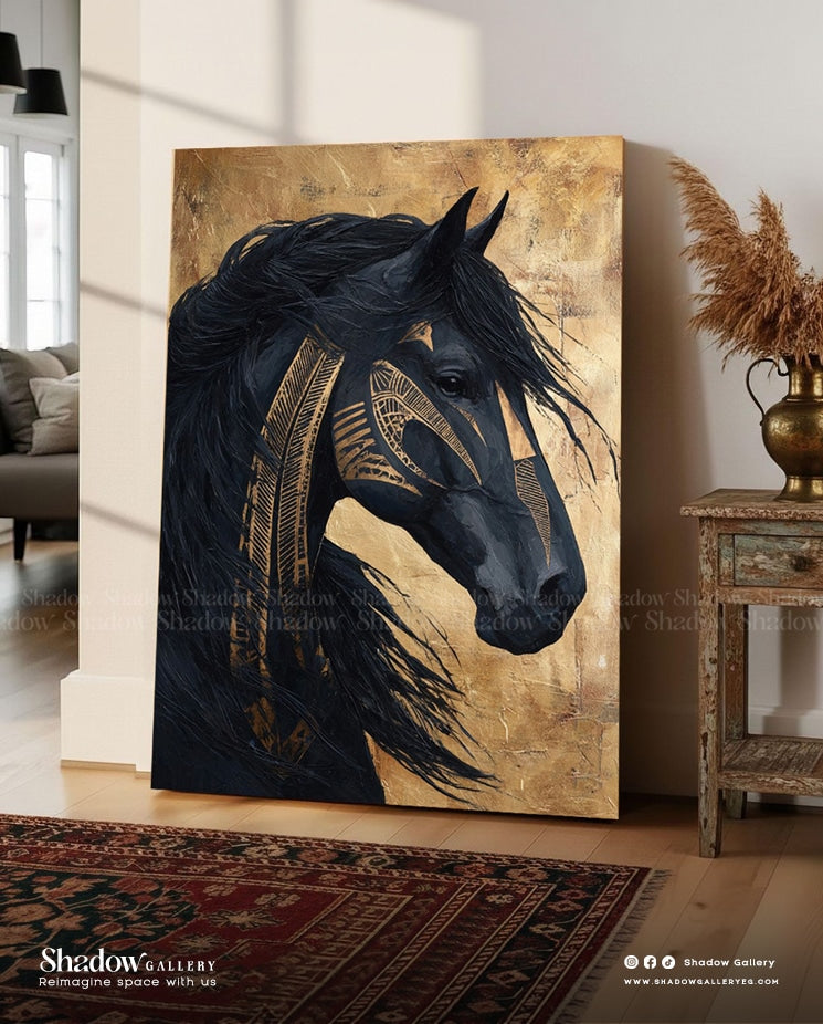 Majestic Black Arabian Horse Portrait with Gold Leaf Accents – close-up detail of frame and canvas texture