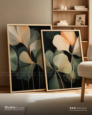 The Midnight Bloom - Set of 2 Modern Abstract Botanical Art – close-up detail of frame and canvas texture