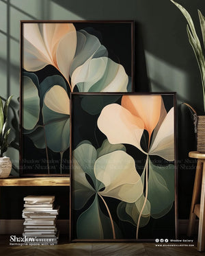 The Midnight Bloom - Set of 2 Modern Abstract Botanical Art – styled in a modern room setting