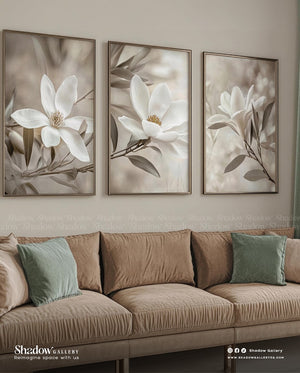 Modern Magnolia Floral Trio Wall Art - Set Of three – styled in a modern room setting