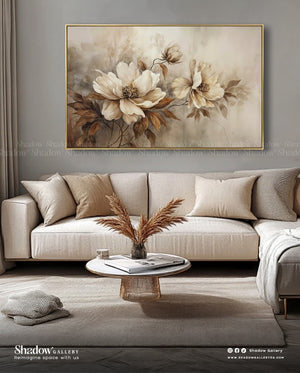 The Ochre Bloom - Large Textured Floral Wall Art – close-up detail of frame and canvas texture