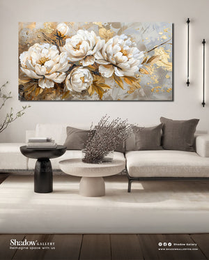Large Floral Wall Art with Gold Accents by Shadow Gallery – close-up detail of frame and canvas texture