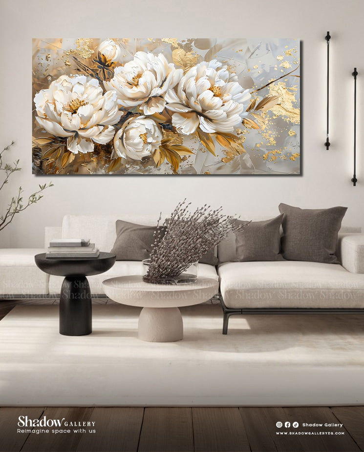 Large Floral Wall Art with Gold Accents by Shadow Gallery – close-up detail of frame and canvas texture