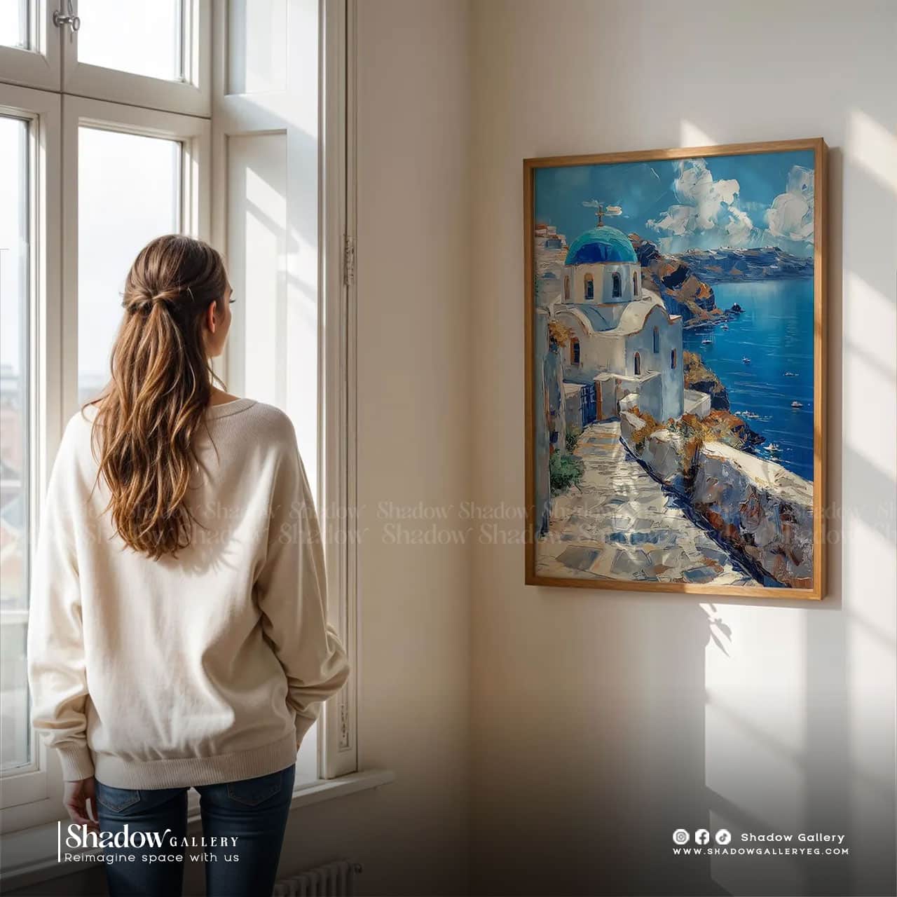 Santorini Blue Ocean – close-up detail of frame and canvas texture