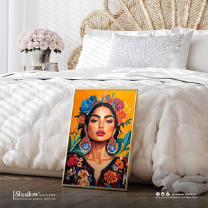 Vibrant Maximalist Woman Portrait Canvas Art – styled in a modern room setting