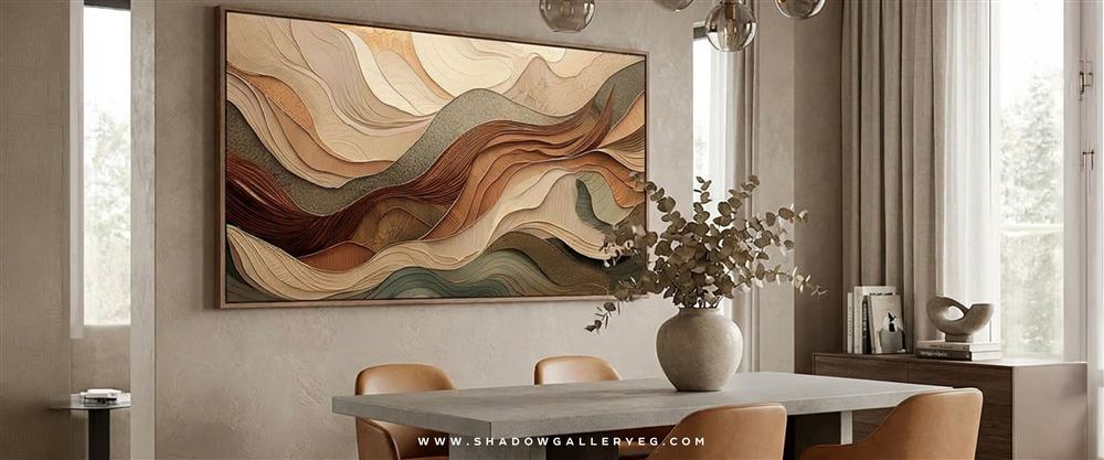 A wide landscape canvas above a console in a sunlit Egyptian living room