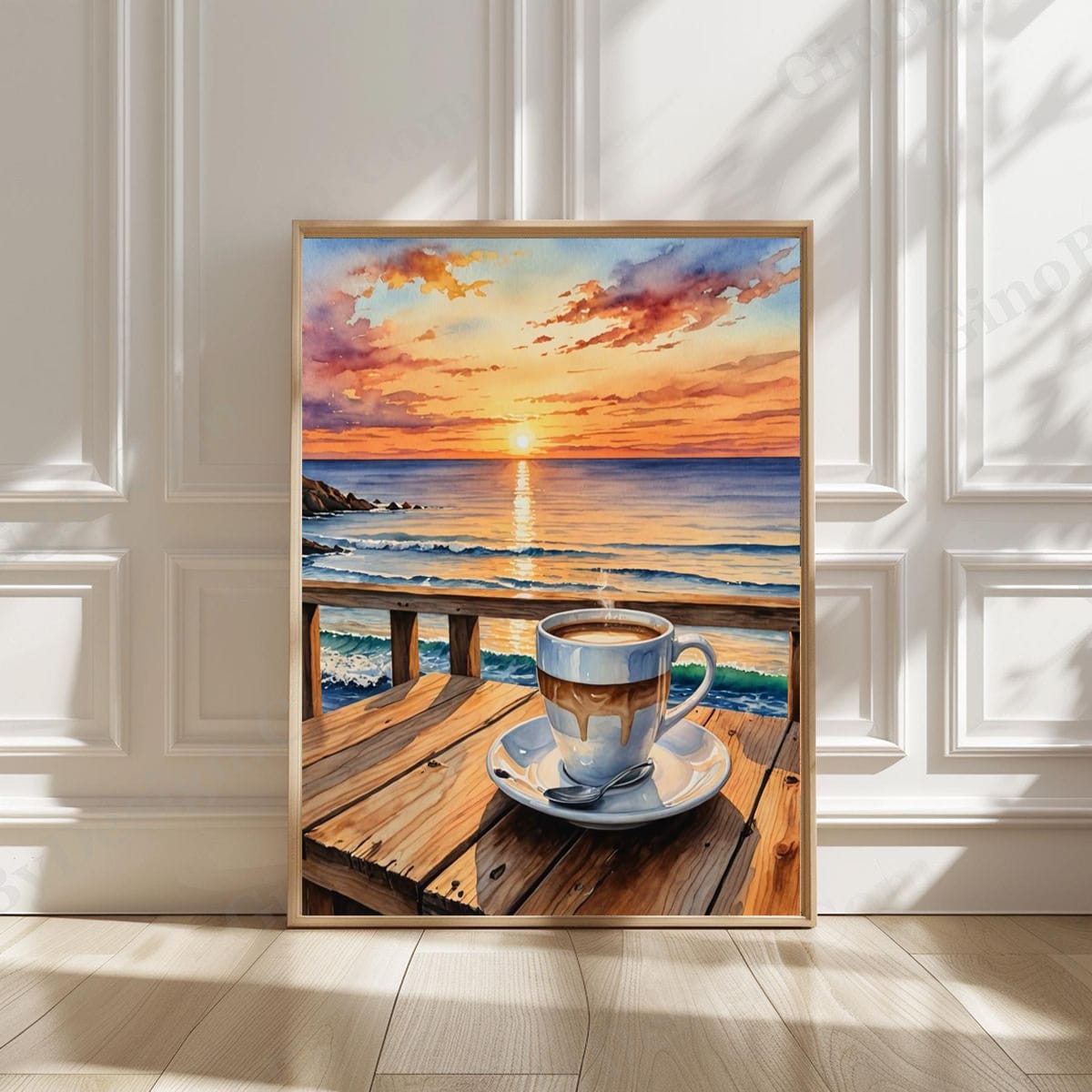 'Good Morning' Coffee Cup and Sunrise Wall Frame – premium framed canvas wall art