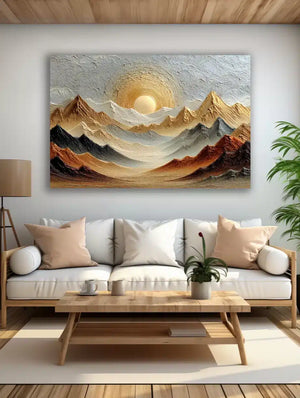 Sunset &amp; Mountains Gold Abstract Wall Art – close-up detail of frame and canvas texture