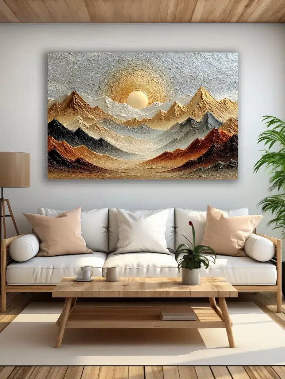 Sunset &amp; Mountains Gold Abstract Wall Art – close-up detail of frame and canvas texture