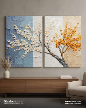 3D Textured Floral Diptych Art - Blue & Orange Blossom Set – close-up detail of frame and canvas texture