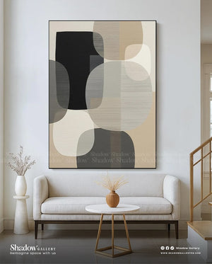Large Vertical Abstract Canvas in Neutral Tones Wall Frame – styled in a modern room setting