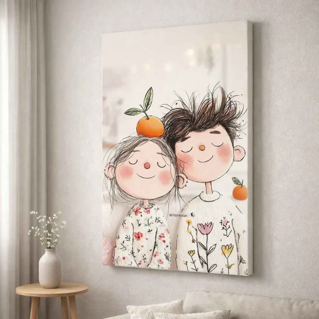 Whimsical Couple Orange Canvas Wall Art – premium framed canvas wall art