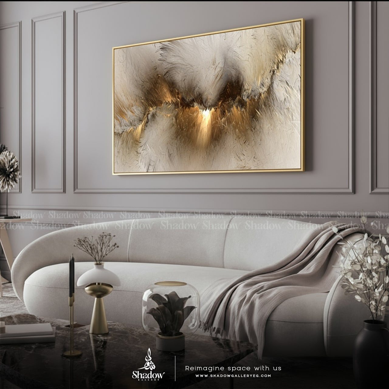 Modern Gold Abstract Canvas Print – styled in a modern room setting