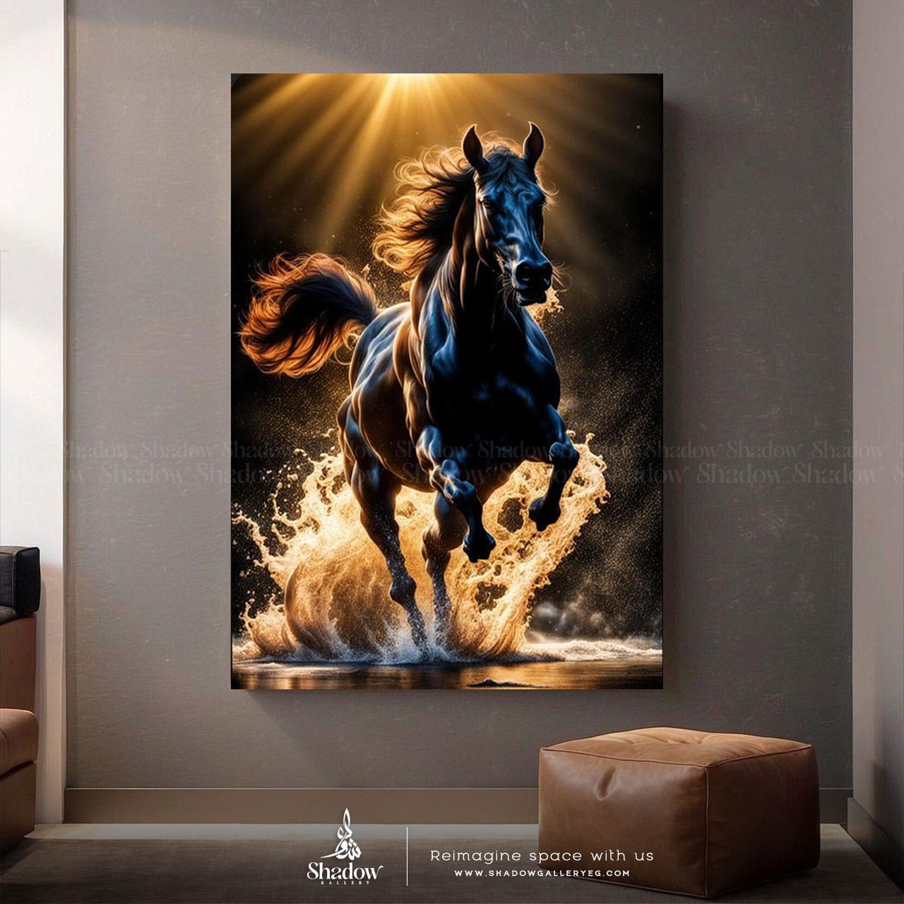 Beautiful Horse Art: Majestic Running Horse Painting – close-up detail of frame and canvas texture