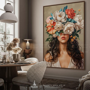 Artsense Woman with Flower Head Canvas Wall Art – styled in a modern room setting