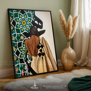 'Heya' Beuatiful Woman Wall Frame With Arabic Calligraphy – styled in a modern room setting