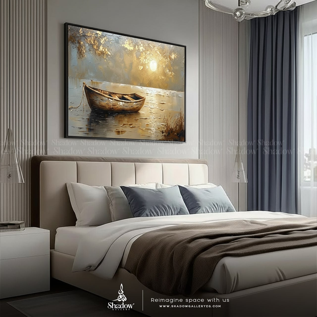 Abstract Boat by the Sea Panoramic Canvas – close-up detail of frame and canvas texture