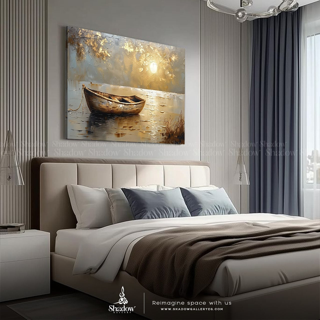 Abstract Boat by the Sea Panoramic Canvas – styled in a modern room setting