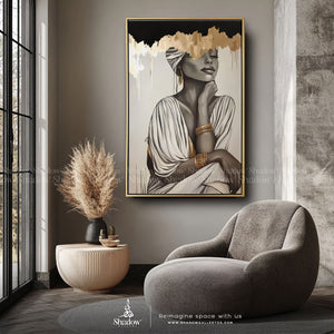 Abstract Touches Golden African Woman – close-up detail of frame and canvas texture