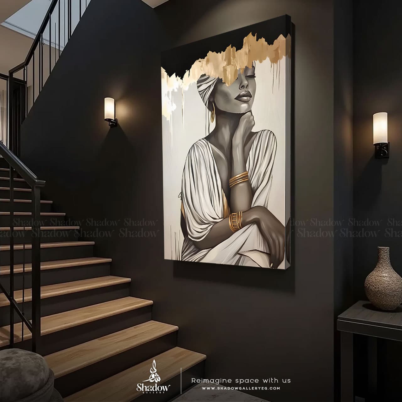 Abstract Touches Golden African Woman – styled in a modern room setting