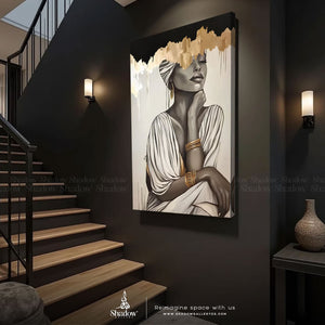 Abstract Touches Golden African Woman – styled in a modern room setting