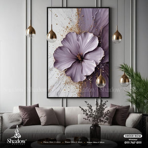 Abstract Purple Flower and Gold – close-up detail of frame and canvas texture