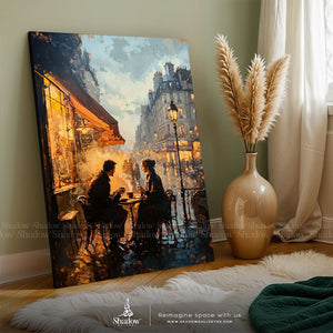 Paris Cafe at Night Romantic Wall Frame – close-up detail of frame and canvas texture