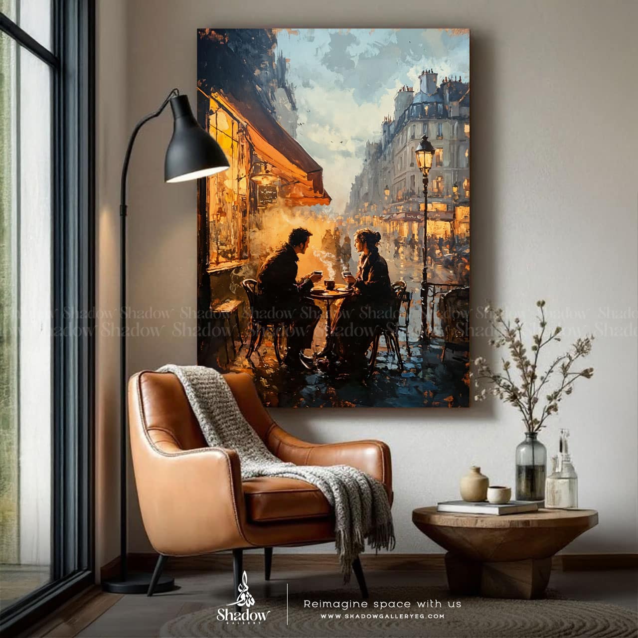 Paris Cafe at Night Romantic Wall Frame – styled in a modern room setting