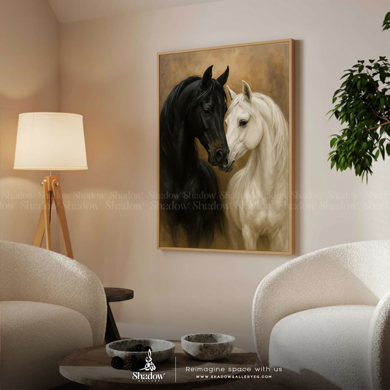 BLACK &amp; WHITE HORSES Duo Wall Frame – styled in a modern room setting